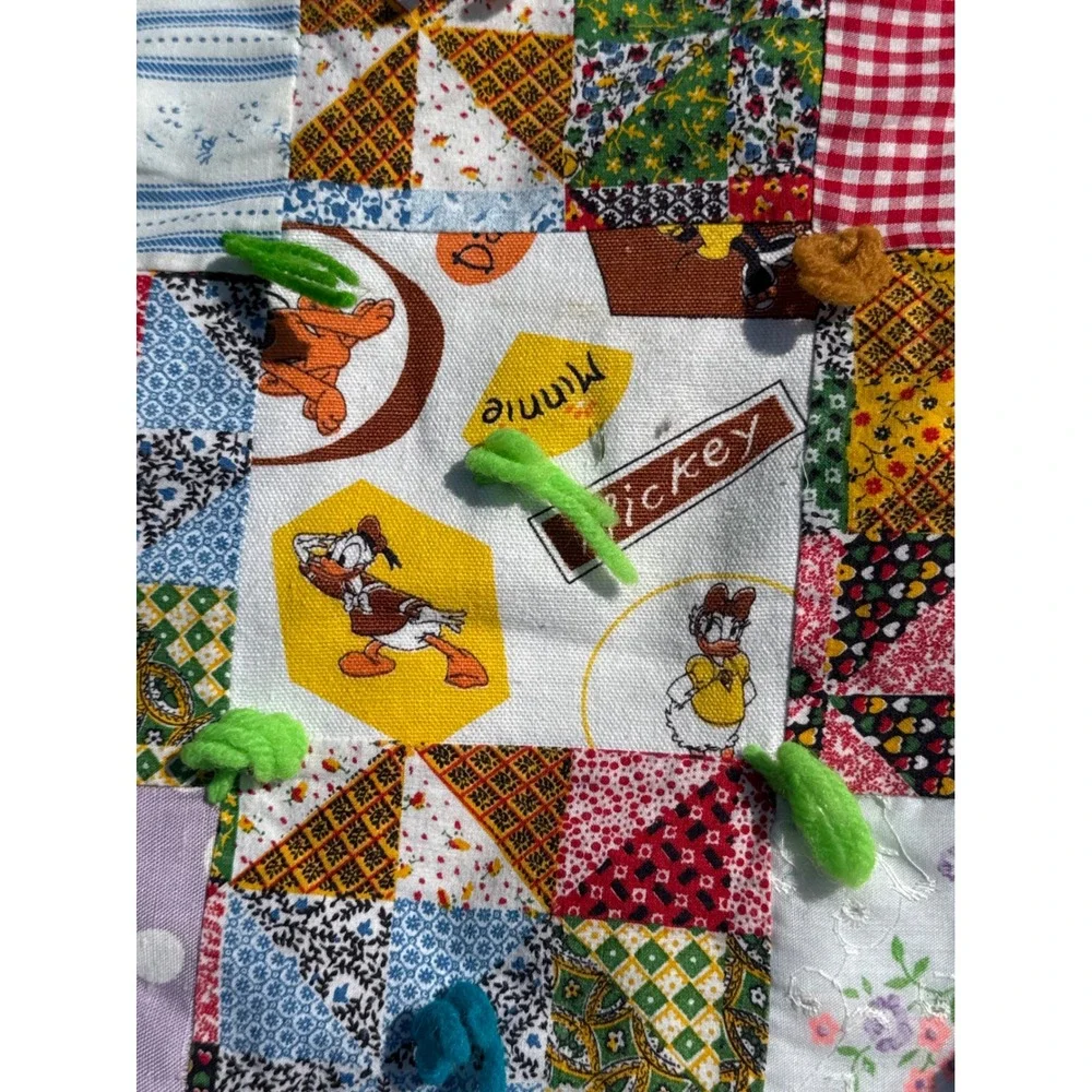 Vintage Handmade Disney Patchwork Quilt Mickey Minnie Mouse Hand Tied Scrap 70s